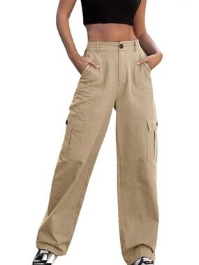 Women’s Beige Cargo Eight Pocket Pants. High-Rise Wide-Leg Cargo Pants - Khaki